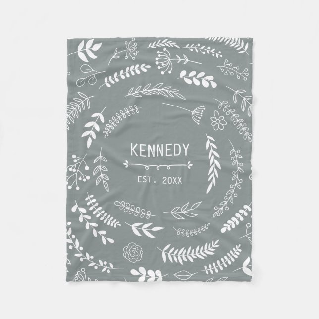 Dark Grey White Leaves Floral Monogram Pattern Fleece Blanket (Front)