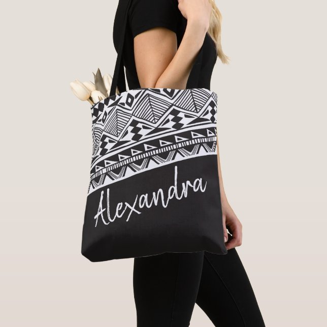 Dark Grey White Tribal Pattern Personalized Tote Bag (Close Up)