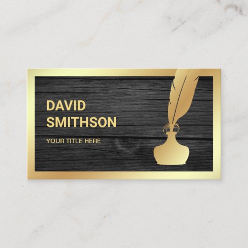 Dark Grey Wood Gold Foil Inkwell Feather Quill Pen Business Card