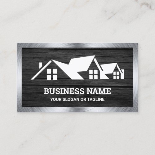 Dark Grey Wood House Roofing Construction Roofer Business Card