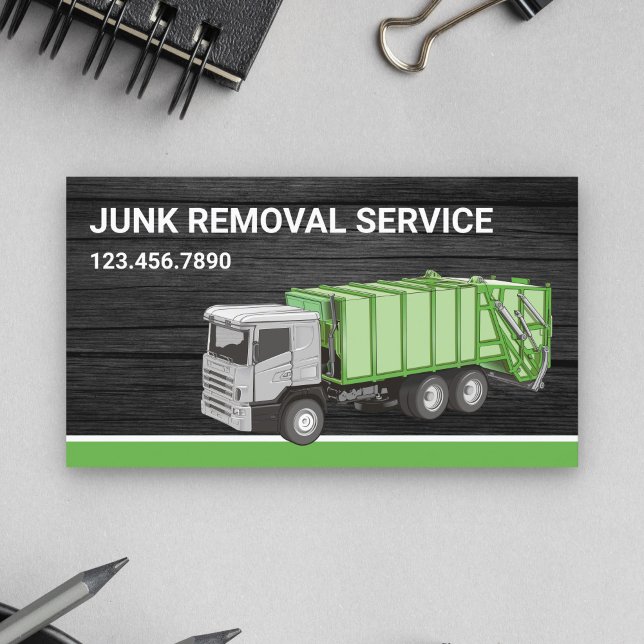 Dark Grey Wood Junk Removal Service Garbage Truck Business Card (Creator Uploaded)