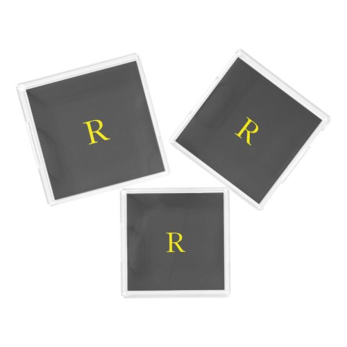 Dark Grey Yellow Gray Monogram Initial Custom Set Acrylic Tray