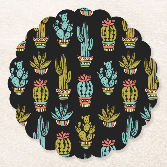 Dark Grunge Cactus Pattern Paper Coaster (Front)