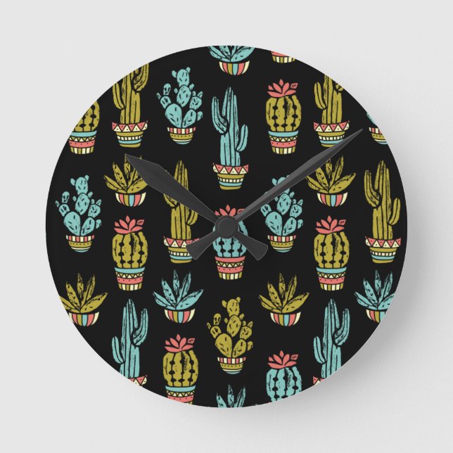 Dark Grunge Cactus Pattern Round Clock (Front)