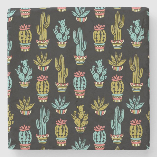 Dark Grunge Cactus Pattern Stone Coaster (Front)