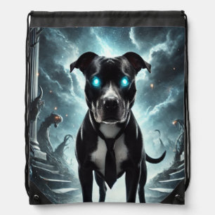 Dark Guardian: Black Pitbull with Hypnotic Gaze Drawstring Bag