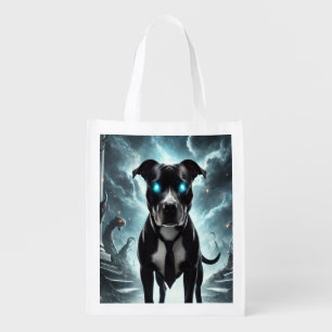 Dark Guardian: Black Pitbull with Hypnotic Gaze Grocery Bag