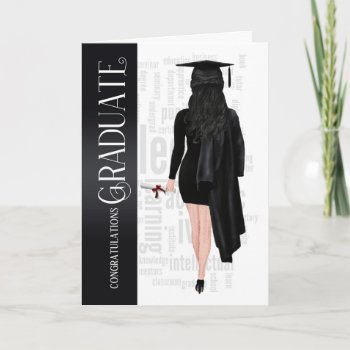 Dark Hair Black Cap And Gown Female Graduate Card by SalonOfArt at Zazzle