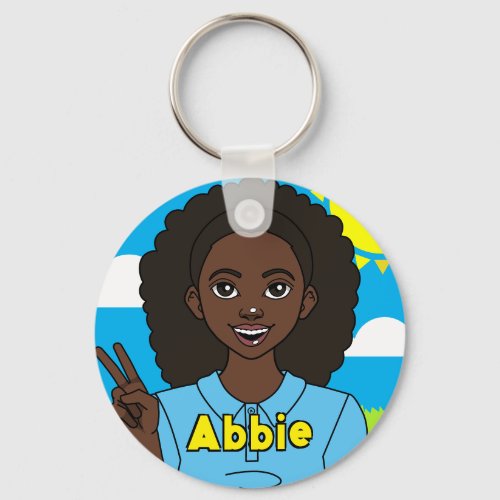 Dark Hair Cute Cartoon Girl School Student Name Keychain