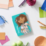 Dark hair girl cuddling white rabbit aqua peach  iPad mini cover<br><div class="desc">Cute modern graphic girls ipad cover. Dark brown hair girl clutching her lucky white bunny in peach and gray on teal aqua background. Personalize with your own name currently reads Daniella. Original graphic design by Sarah Trett for www.mylittleeden.com</div>