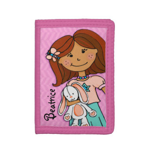 Dark hair girl lucky white bunny pink named purse trifold wallet