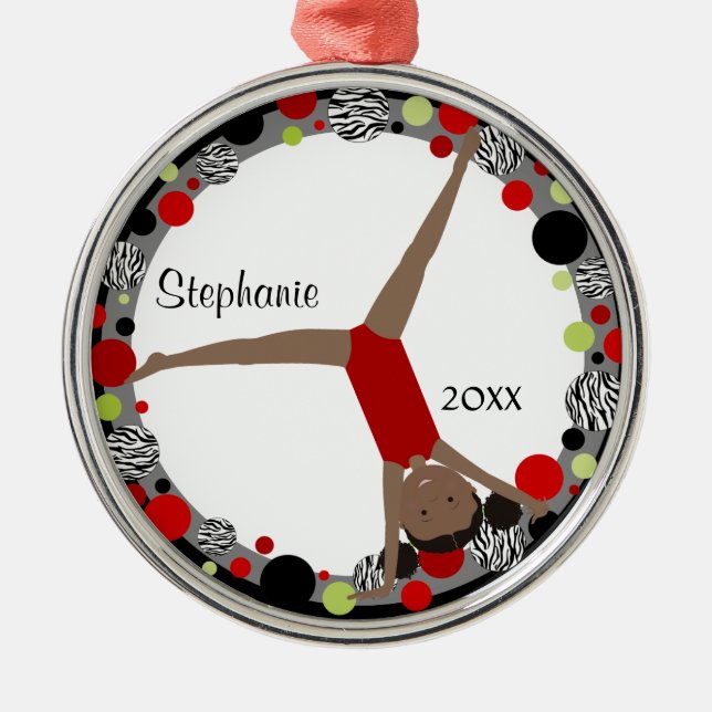 Dark Hair Gymnast in Red, Black & Green Metal Ornament (Front)