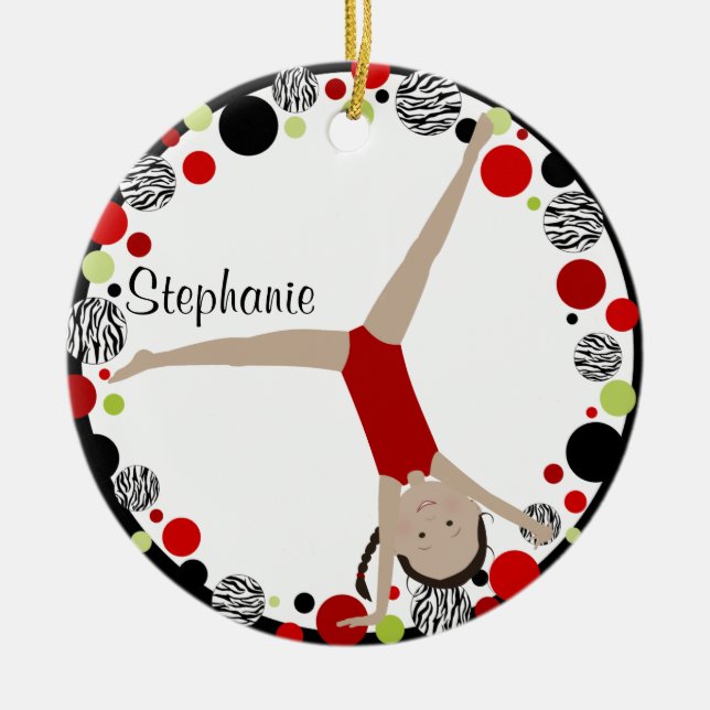 Dark Hair Gymnast Red, Black & Green Personalized Ceramic Ornament (Front)