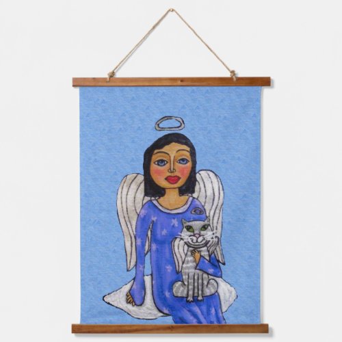Dark Haired Angel Blue Dress Angel Cat on Cloud Hanging Tapestry