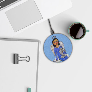 Dark Haired Angel Blue dress on Cloud White Cat Wireless Charger