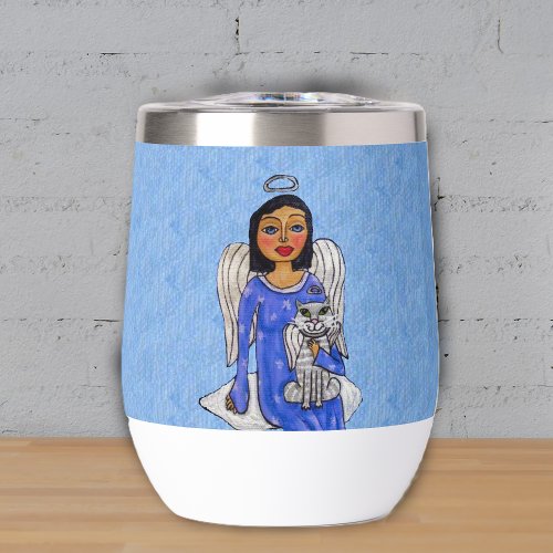 Dark Haired Angel blue Eyes on Cloud With Cat Blue Thermal Wine Tumbler