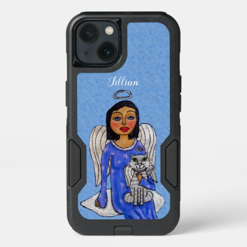 Dark Haired Angel silver Halo Holding Angel Cat iPhone 13 Case