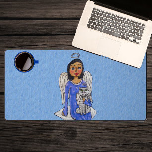 Dark Haired Angel with Angel Cat on Cloud Blue Sky Desk Mat
