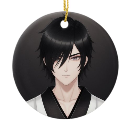Dark-Haired Anime Boy in Traditional Attire Orname Ceramic Ornament