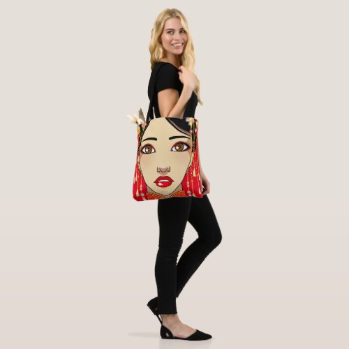 Dark Haired Beauty Glam Cool Look On Red Backing Tote Bag