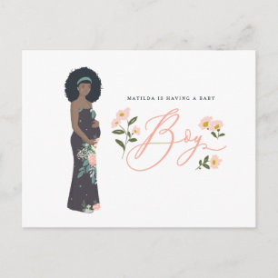 Dark haired black mom to be of a boy baby shower postcard