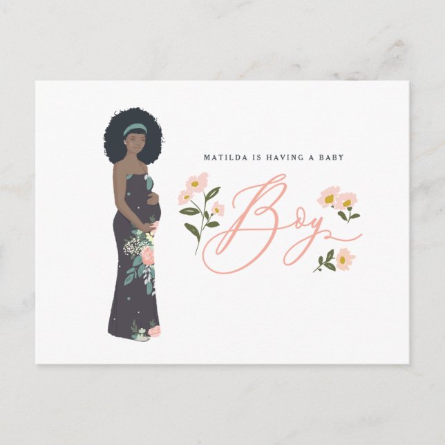 Dark haired black mom to be of a boy baby shower postcard (Front)