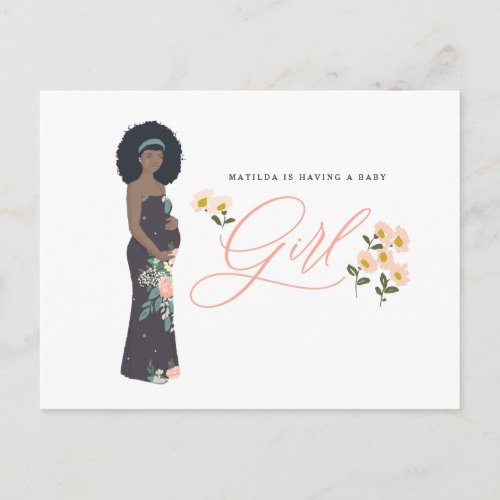 Dark haired black mom to be of a girl baby shower postcard