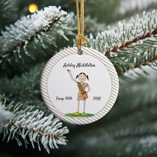 Dark Haired Brownie Girl Scouting Brown Stripes Ceramic Ornament