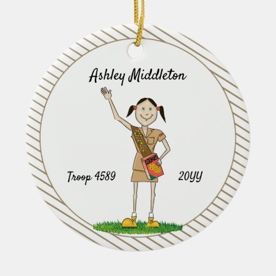 Dark Haired Brownie Girl Scouting Brown Stripes Ceramic Ornament