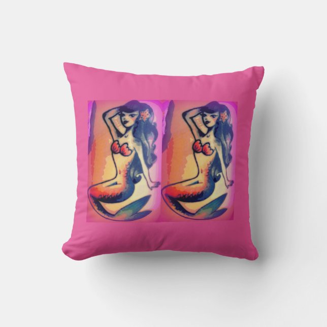 dark-haired mermaid beauties pink throw pillow (Front)