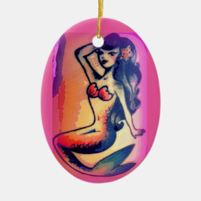 dark-haired mermaid beauty ceramic ornament (Front)