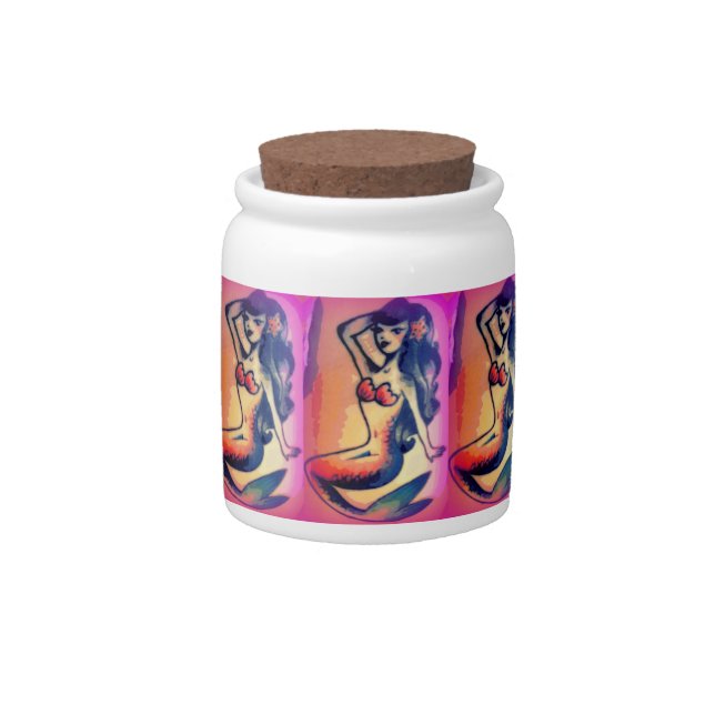 dark-haired mermaid beauty pink candy jar (Front)