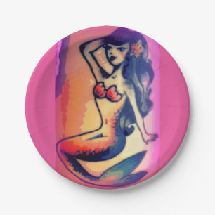 dark-haired mermaid beauty pink paper plates