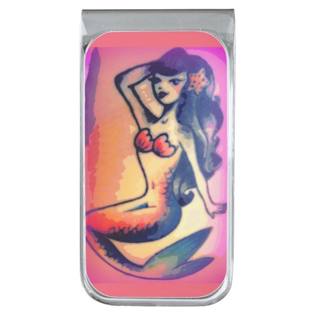 dark-haired mermaid beauty silver finish money clip (Front Vertical)