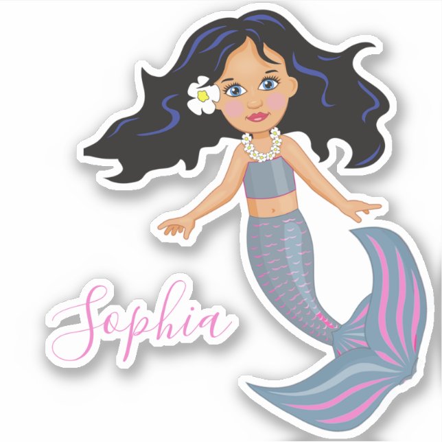 Dark Haired  Mermaid Pink Cute Personal Stationary Sticker (Front)