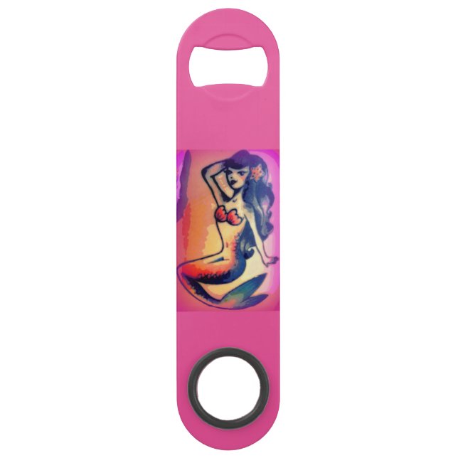 dark-haired mermaid pink speed bottle opener (Front)