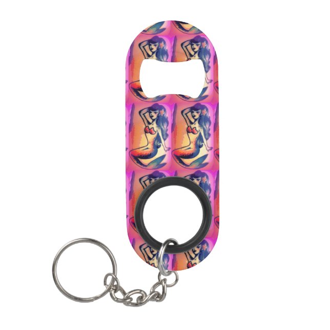 dark-haired mermaids pink keychain bottle opener (Front)