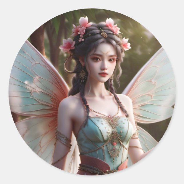 Dark Haired Pink and Green Spring Fairy Fantasy Classic Round Sticker (Front)