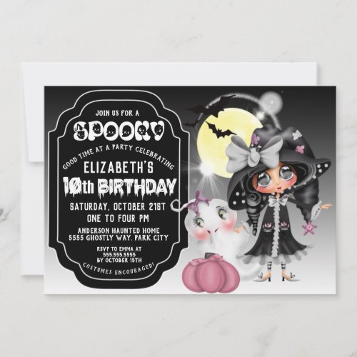 Dark Haired Witch _ Girls Halloween 10th Birthday Invitation