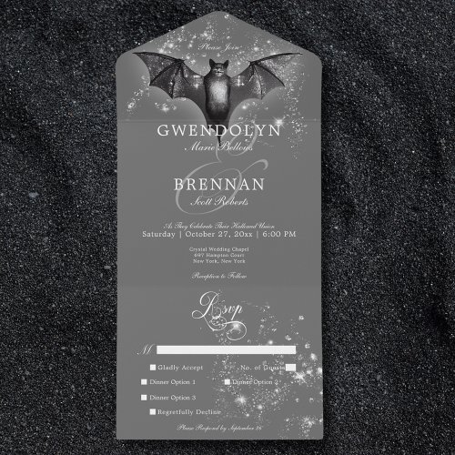 Dark Halloween Glam Bat  Diamonds Dinner All In One Invitation