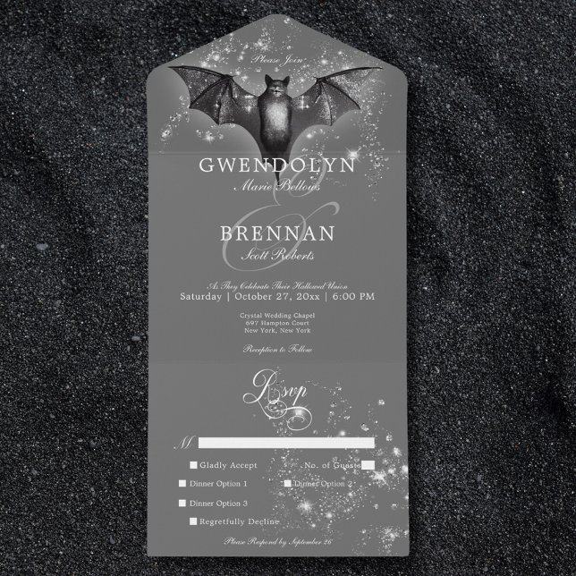Dark Halloween Glam Bat & Diamonds Dinner All In One Invitation (Dark Halloween Glam Bat & Diamonds Dinner All In One Invitation)