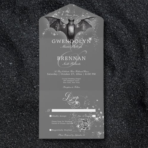 Dark Halloween Glam Bat  Diamonds QR Code All In One Invitation