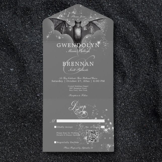Dark Halloween Glam Bat & Diamonds QR Code All In One Invitation (Dark Halloween Glam Bat & Diamonds QR Code All In One Invitation)