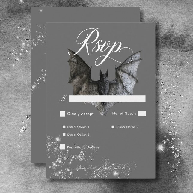 Dark Halloween Glam Bat & Diamonds Wedding Dinner RSVP Card (Dark Halloween Glam Bat & Diamonds Wedding Dinner RSVP Card)
