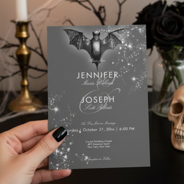 Dark Halloween Glam Bat & Diamonds Wedding Invitation (Creator Uploaded)