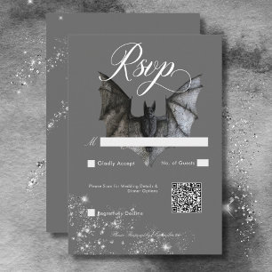 Dark Halloween Glam Bat & Diamonds Wedding QR Code RSVP Card