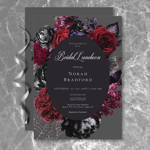 Dark Halloween Glam Floral Black Bridal Luncheon Invitation