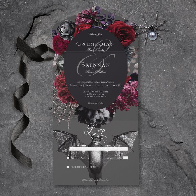 Dark Halloween Glam Floral Gray No Dinner All In One Invitation (Dark Halloween Glam Floral Gray No Dinner All In One Invitation)