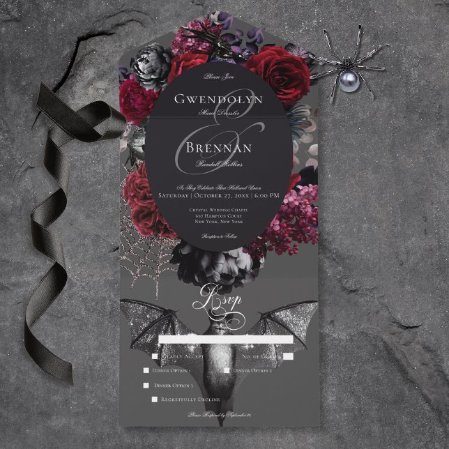 Dark Halloween Glam Floral Gray Wedding Dinner All In One Invitation (Dark Halloween Glam Floral Gray Wedding Dinner All In One Invitation)