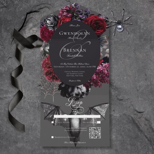 Dark Halloween Glam Floral Gray Wedding QR Code All In One Invitation